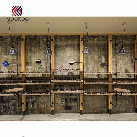 Vintažinio stiliaus akinių sieninės lentynos vitrina metalinių ir medinių vitrinų dizainas