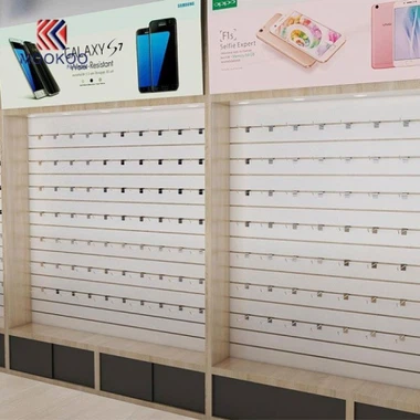 Medinė mobiliųjų telefonų rodymo sieninė lentyna